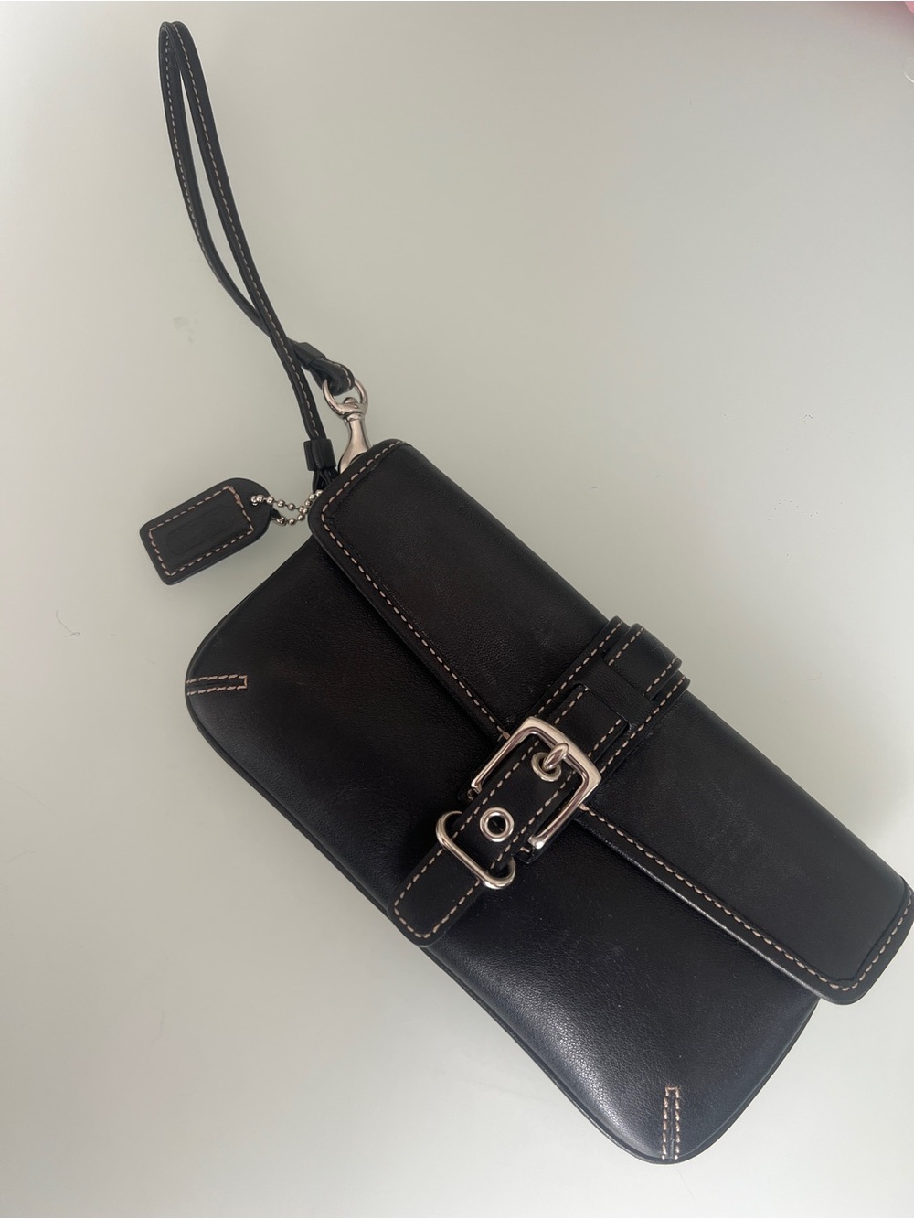 Coach Black Leather Wristlet with Silver Buckle and Contrast Stitching